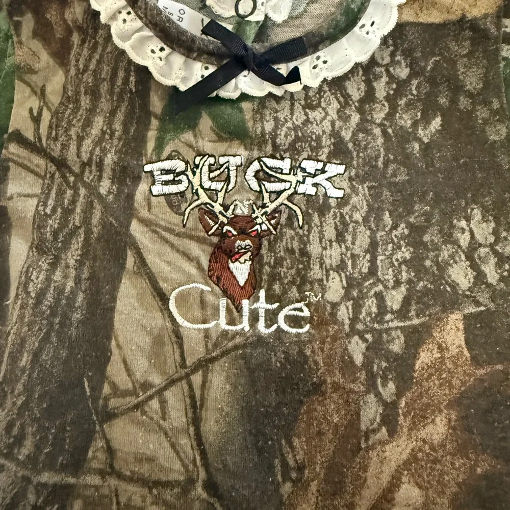 Infant Camo Onesie with buck and ruffles size 3 to 6 months